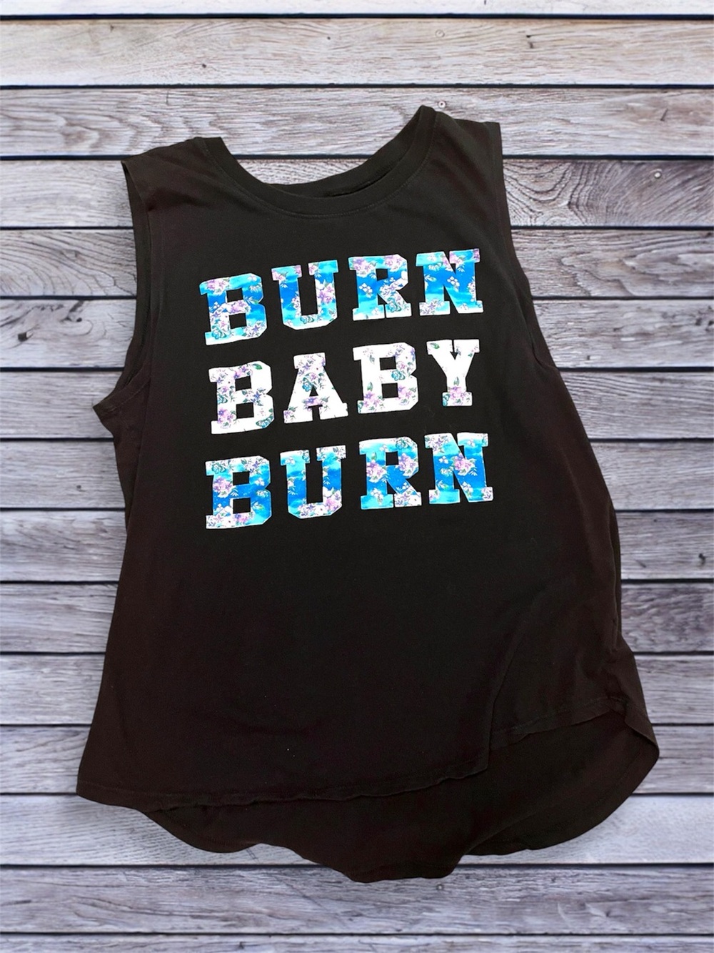 F.I.T Black Tank with Blue Floral 'BURN BABY BURN' Graphic large